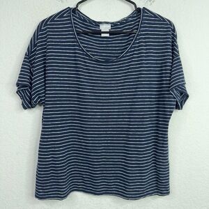 Chicos Shirt Women M Blue White Linen Short Sleeve Striped Coastal Boho Nautical